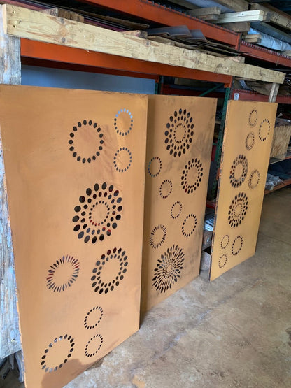 Outdoor metal screen panels copper-toned steel privacy panels with circular cutouts, 60-72 in tall, set of 3 on Tampa Home & Garden Store