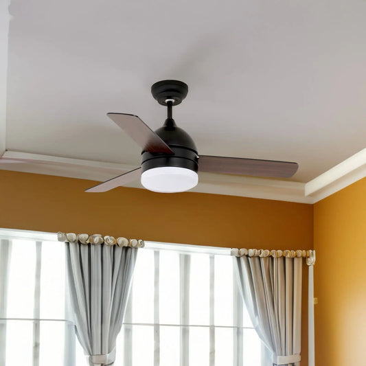 48 Inch Minimalist Straight Blade Ceiling Fan with black housing, wood blades, white globe on Tampa Home & Garden Store