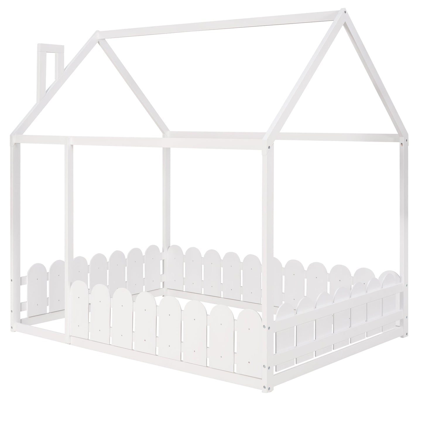 Full Size Wood Bed House Bed Frame with Fence for Kids (White)