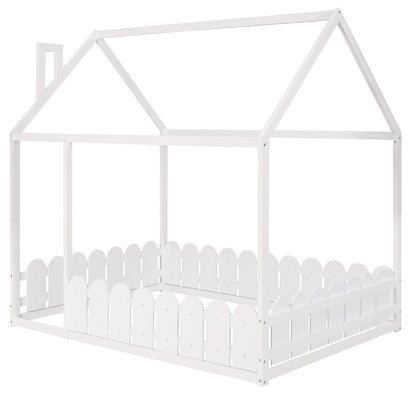 Full Size Wood Bed House Bed Frame with Fence for Kids (White)