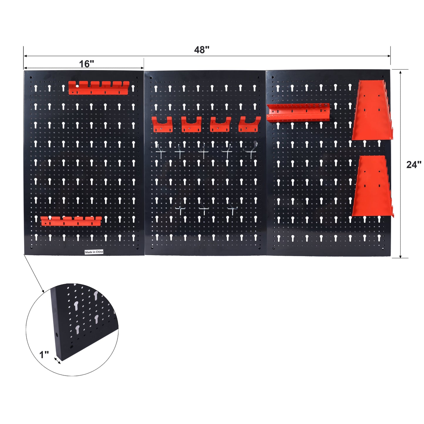 4-foot metal garage nail board tool rack with 3 red wall-mounted holders on black pegboard on Tampa Home & Garden Store