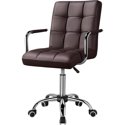 Silla de oficina marrón oscuro de piel sintética moderna con respaldo medio, reposabrazos y ruedas