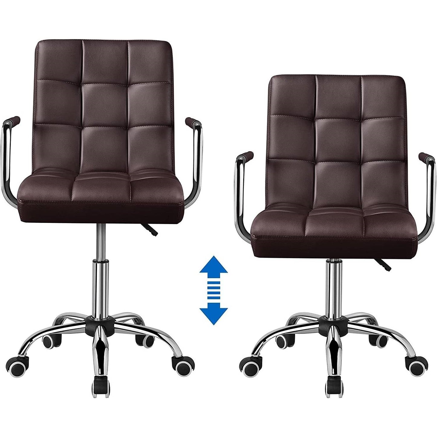 Silla de oficina marrón oscuro de piel sintética moderna con respaldo medio, reposabrazos y ruedas