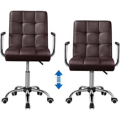 Silla de oficina marrón oscuro de piel sintética moderna con respaldo medio, reposabrazos y ruedas
