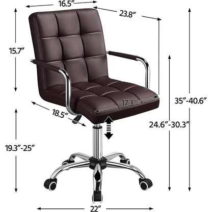 Silla de oficina marrón oscuro de piel sintética moderna con respaldo medio, reposabrazos y ruedas