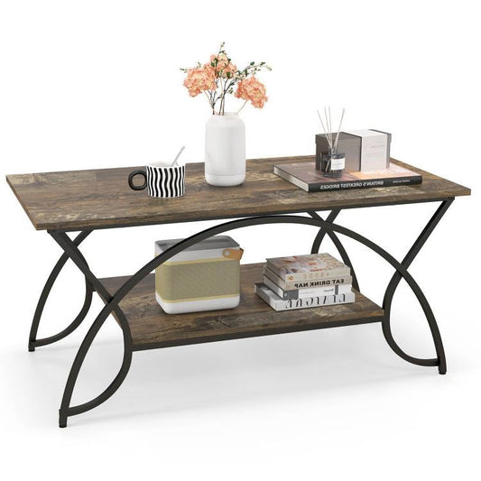 Rustic Farmhouse 2 Tier Brown Wood Coffee Table with Curved Metal Legs - Tampa Home & Garden Store