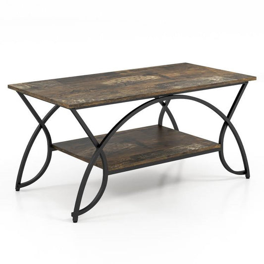 Rustic Farmhouse 2 Tier Brown Wood Coffee Table with Curved Metal Legs - Tampa Home & Garden Store