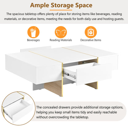 ON-TRANS 47.2 inch x 31.4 inch multifunctional rectangular sofa table with 2 drawers and gold wood grain leg center table, white