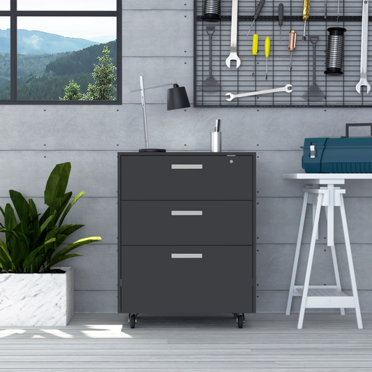 MultisStorage Cabinet 35H 3-drawer 4-wheel dark gray tool cabinet in workshop on Tampa Home & Garden Store