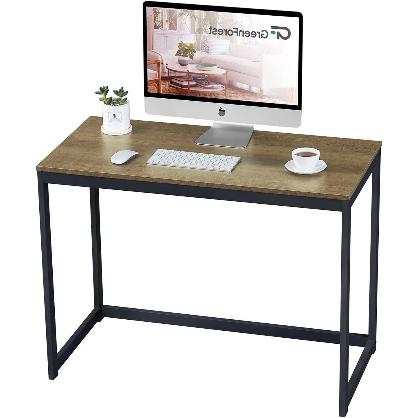 Escritorio de ordenador portátil pequeño, moderno, para oficina en casa, con estructura de metal y tablero de madera marrón