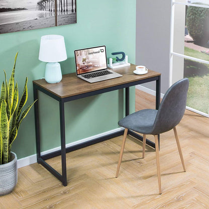 Escritorio de ordenador portátil pequeño, moderno, para oficina en casa, con estructura de metal y tablero de madera marrón