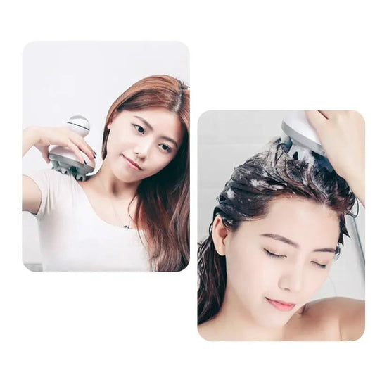 Wireless 3D Waterproof Head Massager Kneading handheld scalp massager shown in panel collage on Tampa Home & Garden Store