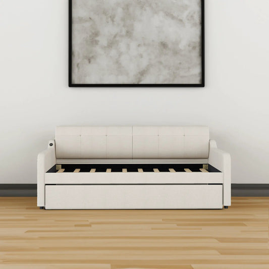 Twin size beige upholstered daybed with USB trundle and exposed slatted base on Tampa Home & Garden Store