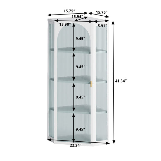 Glass Door Wall Mounted Corner Cabinet with Featuring Four-tier Storage  White