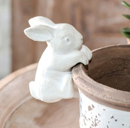 Plant Pot Hanger white ceramic bunny by Thenestedfig perched on terracotta pot on Tampa Home & Garden Store