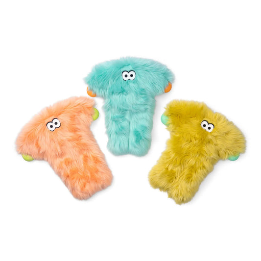 Rowdies Plush Dog Toy With Chew Tough Paws 3-pack in teal, peach, yellow fur on Tampa Home & Garden Store