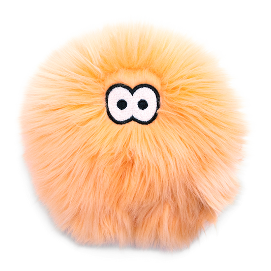Erik West Paw dog toy, orange fluffy plush with embroidered white eyes on Tampa Home & Garden Store