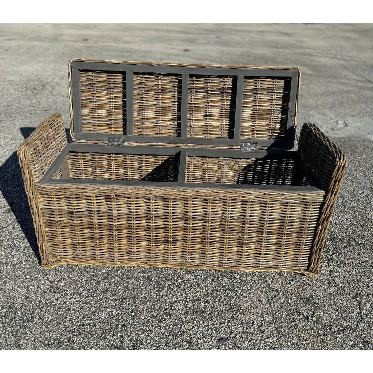 Key Largo rattan storage bench with gray frame and woven wicker panels on Tampa Home & Garden Store