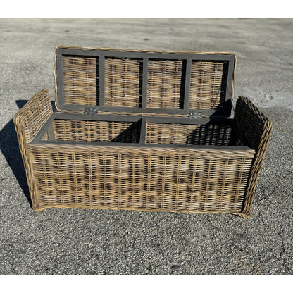 Key Largo rattan storage bench with gray frame and woven wicker panels on Tampa Home & Garden Store