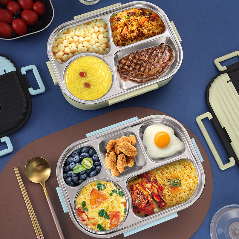 Stainless steel microwaveable two-lunch-box set with compartments and blue handles on Tampa Home & Garden Store