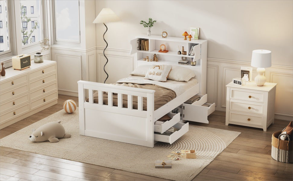 Twin Size Captain Platform Bed Frame with Storage Bookcases and Shelves,Four Drawers,White - Tampa Home & Garden Store