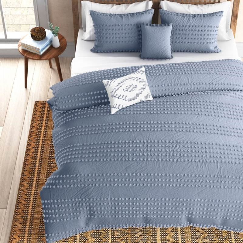 Juego de edredón King de 5 piezas de algodón 100 % estilo bohemio con puntos bordados en azul denim