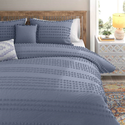 Juego de edredón King de 5 piezas de algodón 100 % estilo bohemio con puntos bordados en azul denim