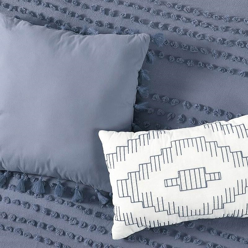 Juego de edredón King de 5 piezas de algodón 100 % estilo bohemio con puntos bordados en azul denim