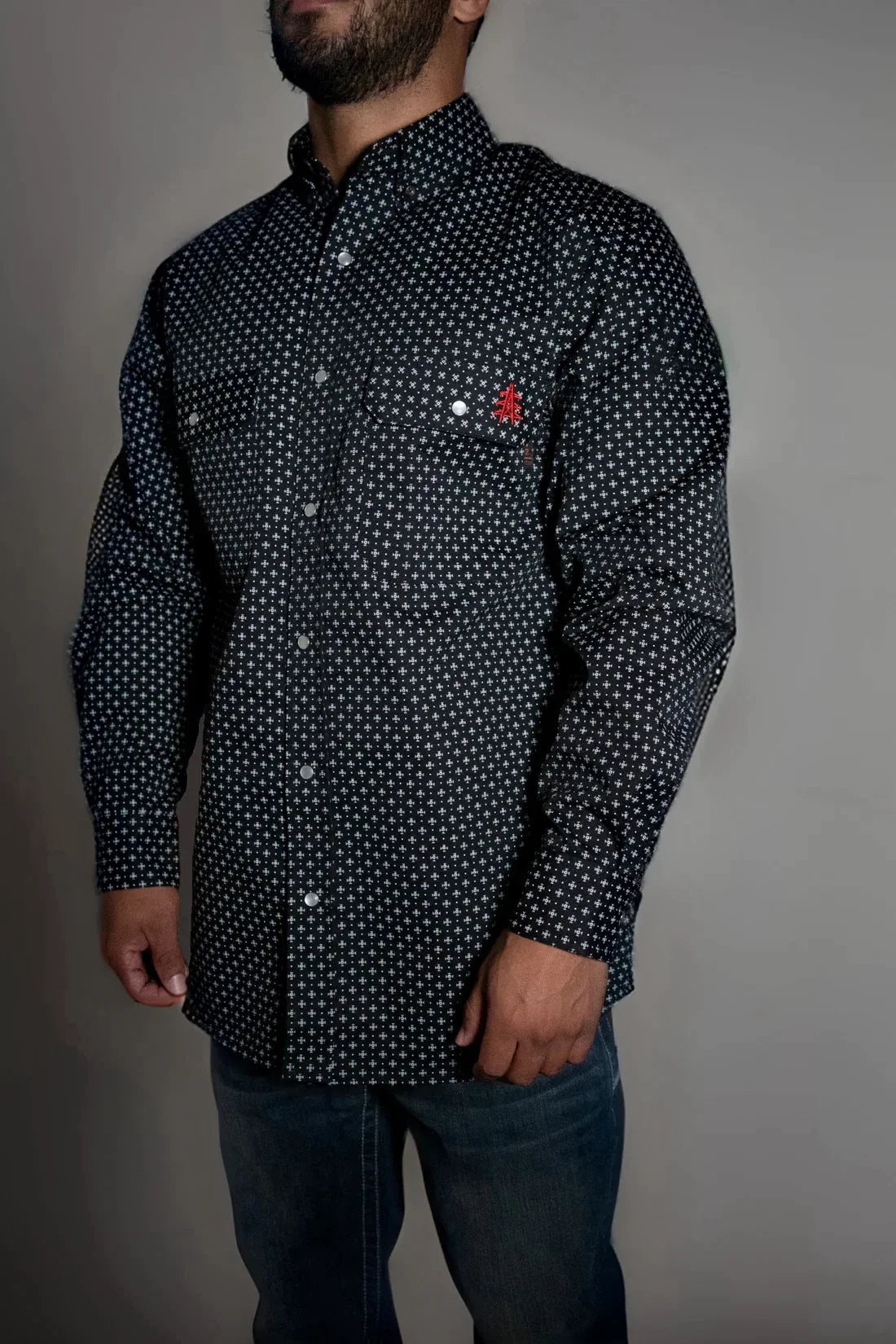 FR Pearl Snap Work Shirt by Static FR Reaper Black, work shirt with button front chest pocket on Tampa Home & Garden Store