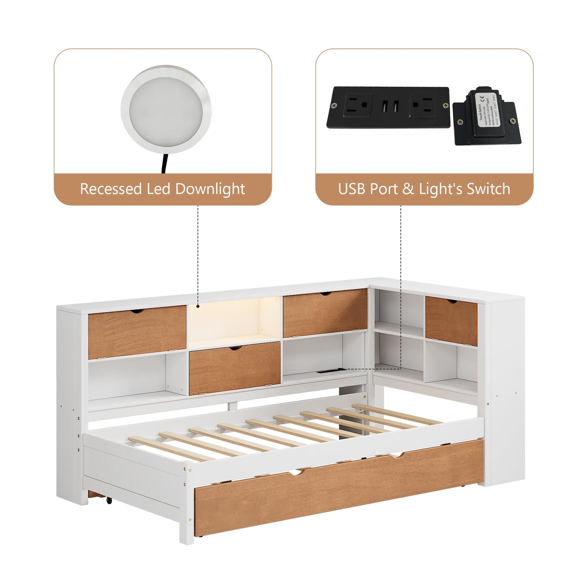 L-shaped bed frame with luggage and bookshelf, corner bed wooden captain's bed LED tube light and USB port walnut and white - Tampa Home & Garden Store