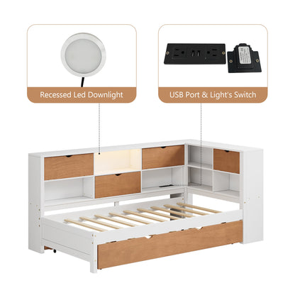 L-shaped bed frame with luggage and bookshelf, corner bed wooden captain's bed LED tube light and USB port walnut and white - Tampa Home & Garden Store