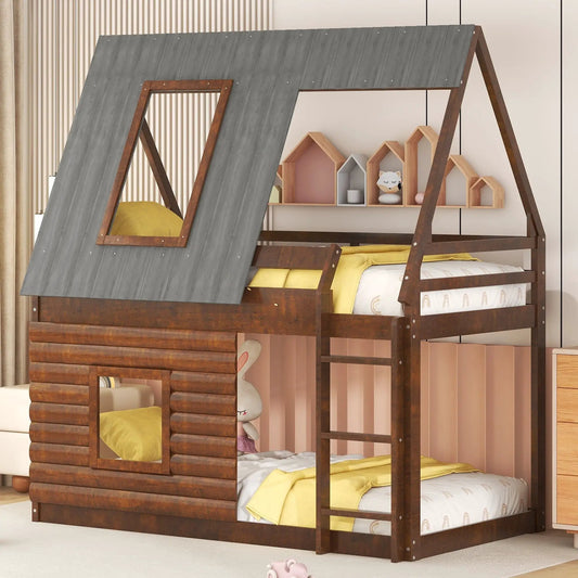 Wood twin house bunk bed with roof and windows, brown frame, gray roof, yellow bedding on Tampa Home & Garden Store