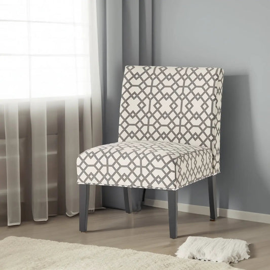 Grey and Ivory Upholstered Accent Chair with geometric lattice pattern and dark legs on Tampa Home & Garden Store