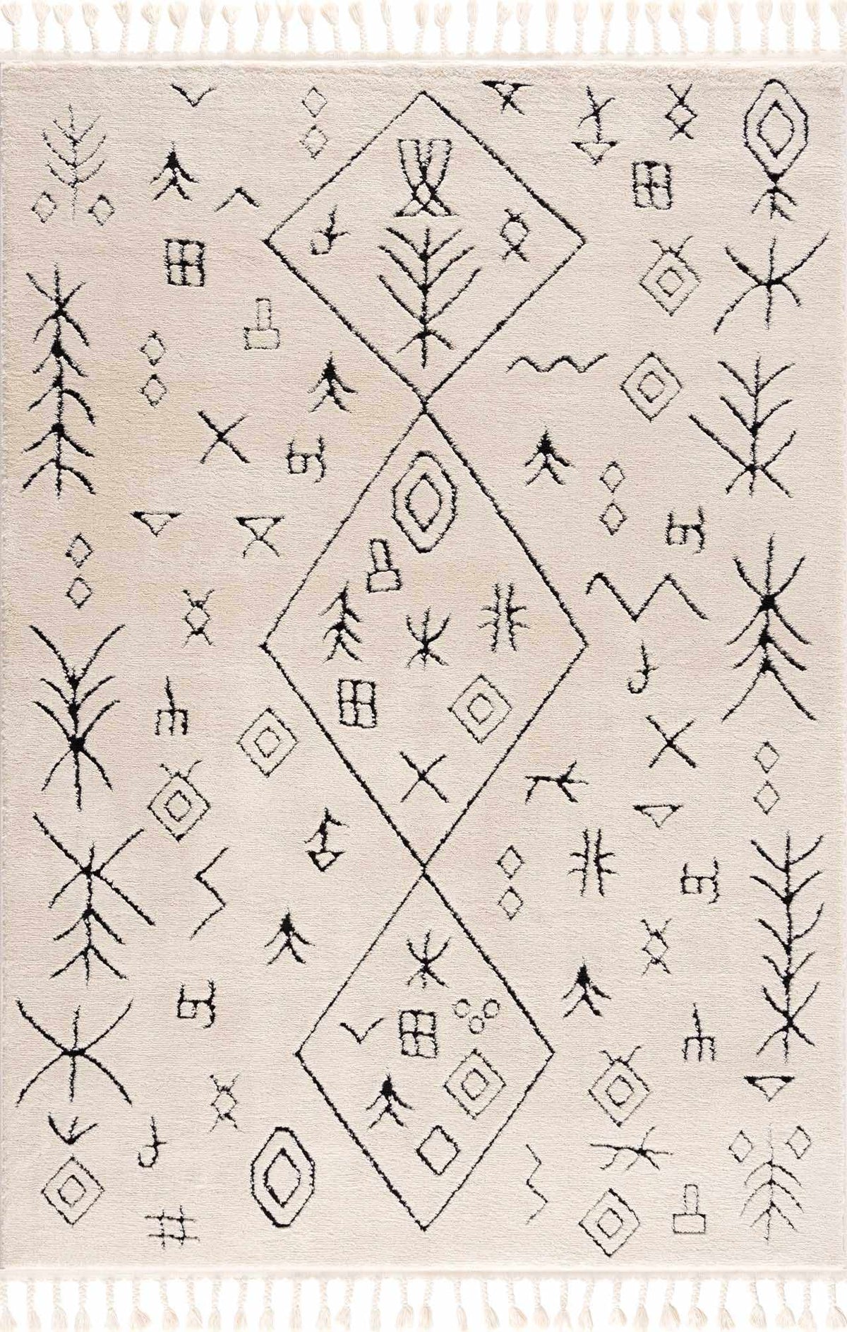 Thian Tribal Area Rug - Clearance cream field with black geometric tribal motifs and diamond medallions fringe on Tampa Home & Garden Store