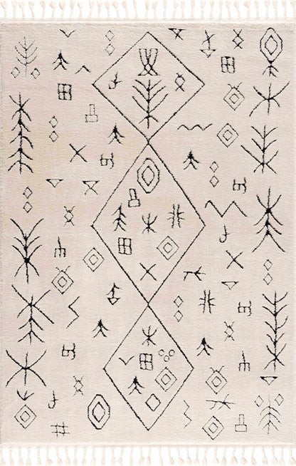 Thian Tribal Area Rug - Clearance cream field with black geometric tribal motifs and diamond medallions fringe on Tampa Home & Garden Store