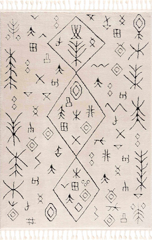 Thian Tribal Area Rug - Clearance cream field with black geometric tribal motifs and diamond medallions fringe on Tampa Home & Garden Store