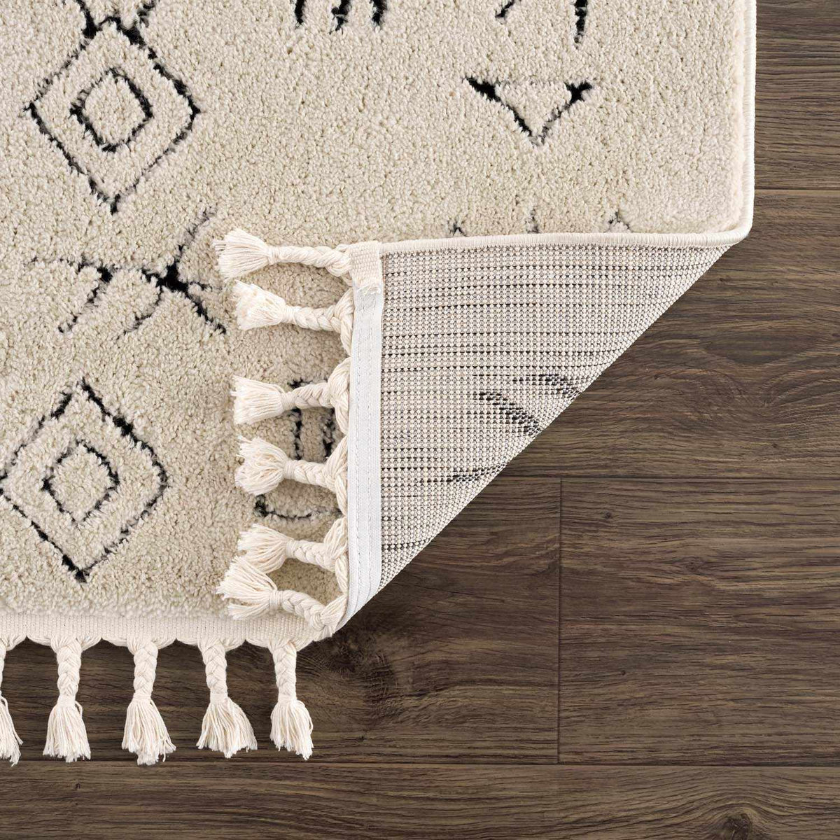 Thian Tribal Area Rug cream with black diamond pattern, tassel fringe Boutique Rugs on Tampa Home & Garden Store