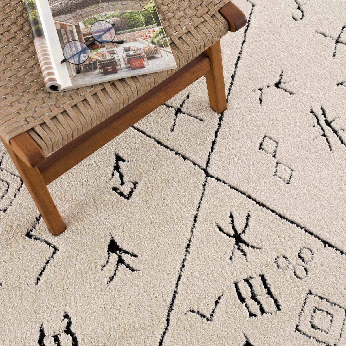 Thian Tribal Area Rug - Clearance, cream rug with black geometric motifs Boutique Rugs on Tampa Home & Garden Store