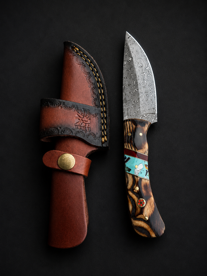 Titan Copper Canyon Damascus Hunter TK-521 knife with damascus blade and wood handle in a sheath on Tampa Home & Garden Store