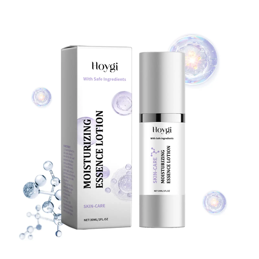 Moisturizing Essence facial serum by Hoygi in white box and silver bottle, skincare on Tampa Home & Garden Store
