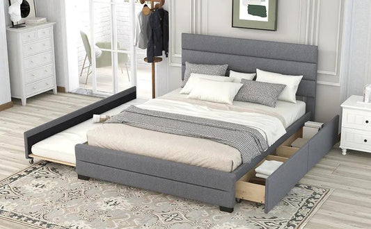 Queen Upholstered Platform Bed gray fabric with twin trundle and built-in storage drawers on Tampa Home & Garden Store