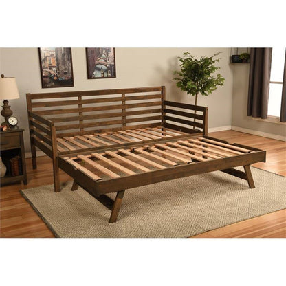 Cama de día de madera maciza con nido elevable doble en acabado nogal