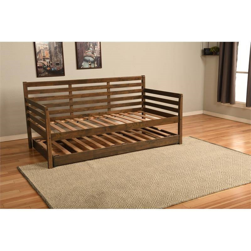 Cama de día de madera maciza con nido elevable doble en acabado nogal