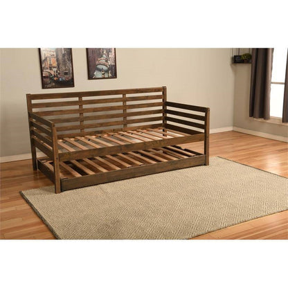 Cama de día de madera maciza con nido elevable doble en acabado nogal