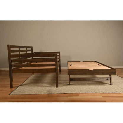 Cama de día de madera maciza con nido elevable doble en acabado nogal