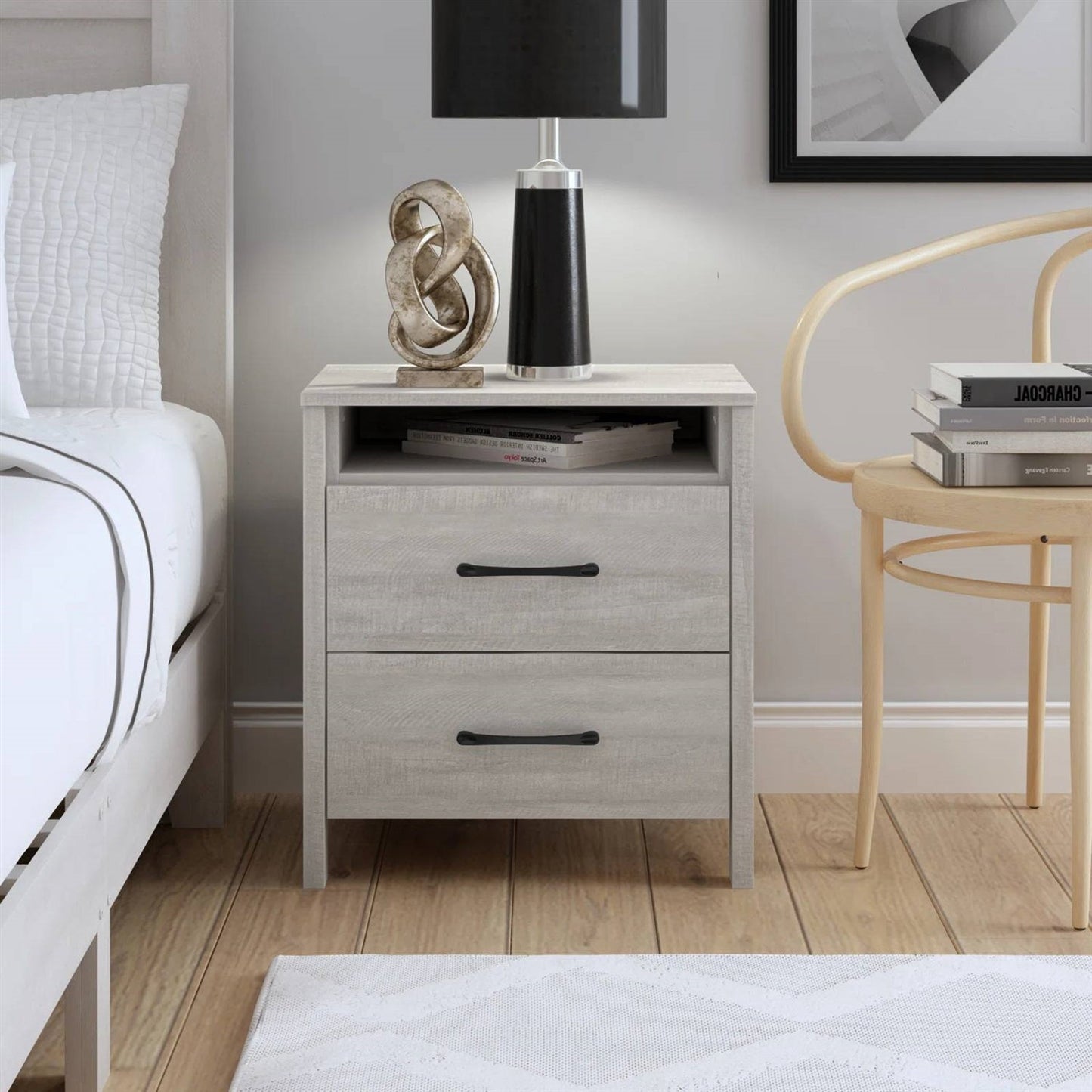 Mesa de Noche de Dormitorio de Estilo Rústico Moderno de 2 Cajones con Acabado de Madera Gris