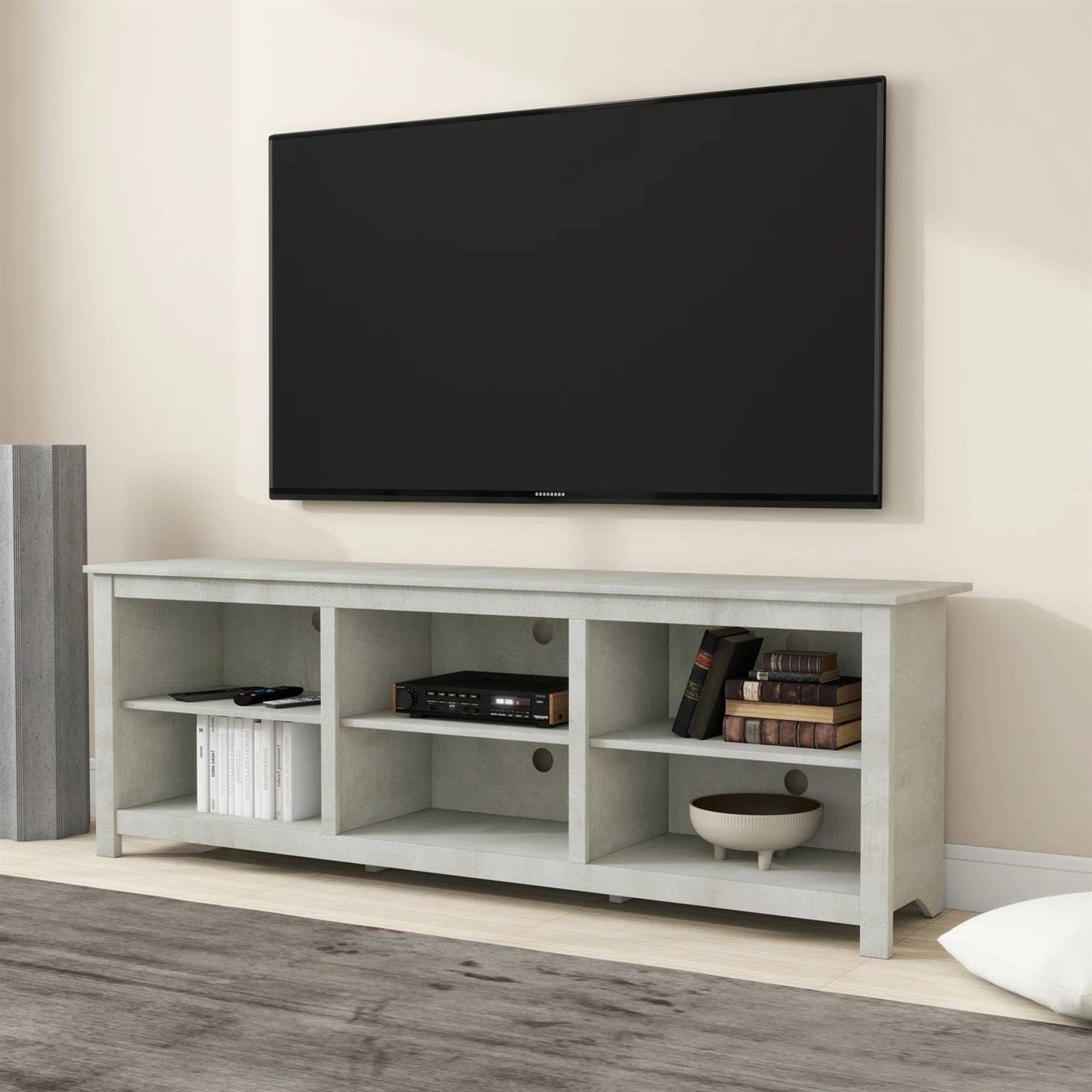 Mueble de TV estilo rústico en acabado de madera de roble gris claro - para televisores de hasta 70 pulgadas