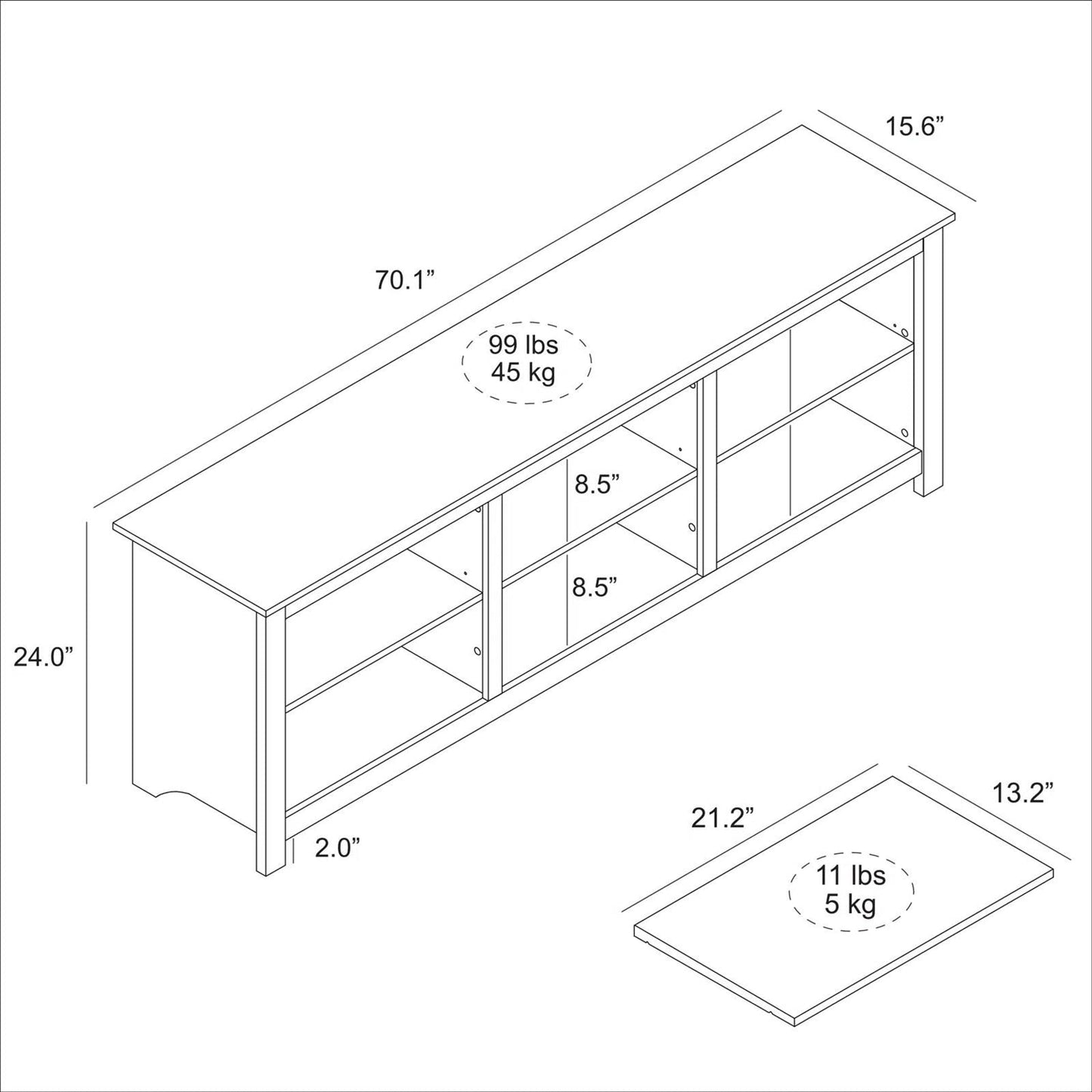 Mueble de TV estilo rústico en acabado de madera de roble gris claro - para televisores de hasta 70 pulgadas