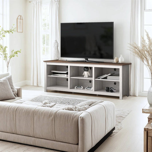 Farmhouse TV Stand in Grey Oak with Brown Wood Finish Top for TVs up to 70-inch - Tampa Home & Garden Store