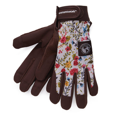 Digger Gardening Gloves by Womanswork; brown suede with floral fabric panel and strap on Tampa Home & Garden Store